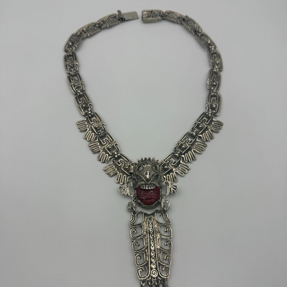 Heavy Sterling Silver Taxco Mexico Eagle Warrior Necklace Carved Amethyst Face